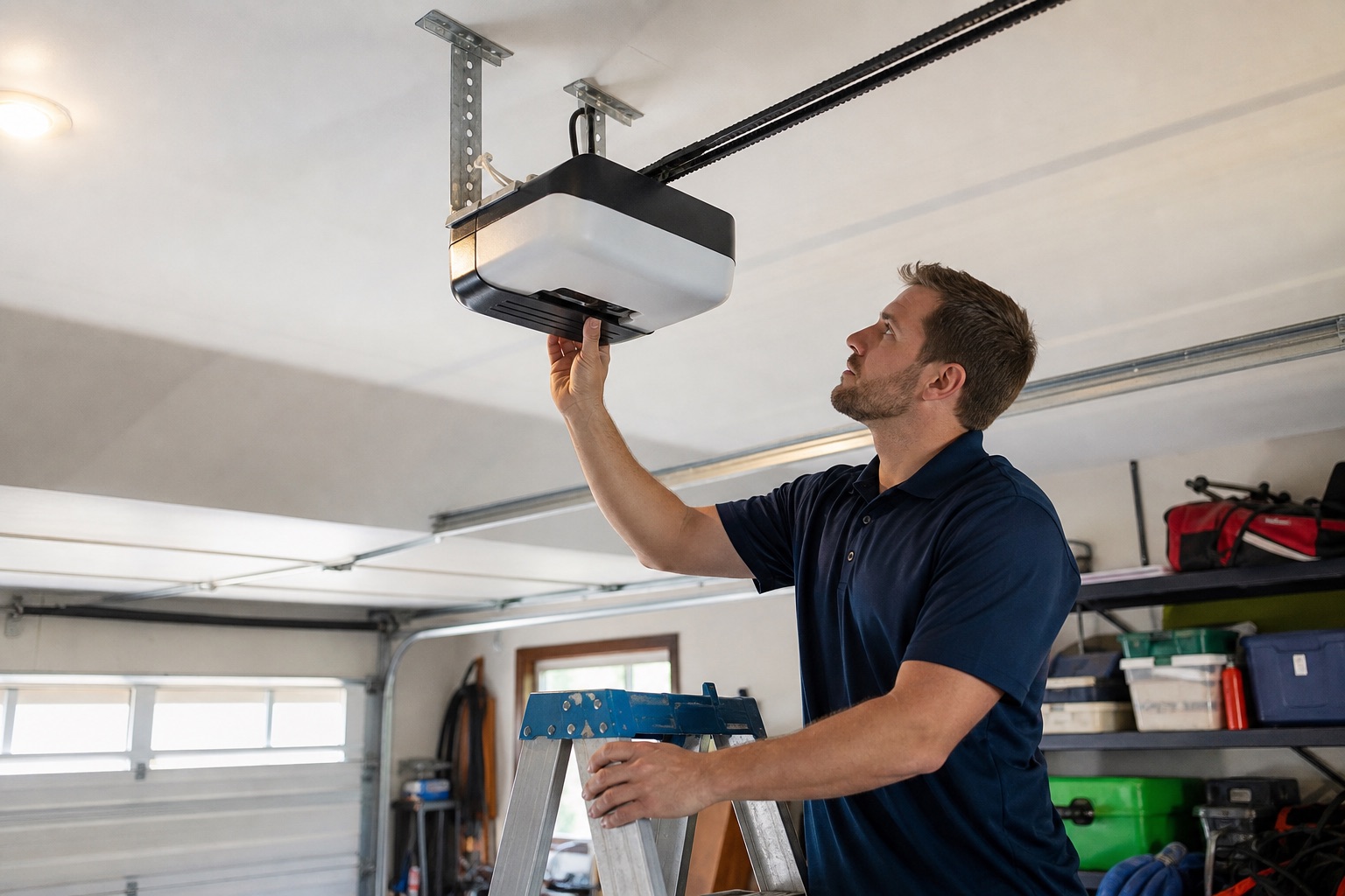 Technician servicing a ceiling-mounted garage door opener