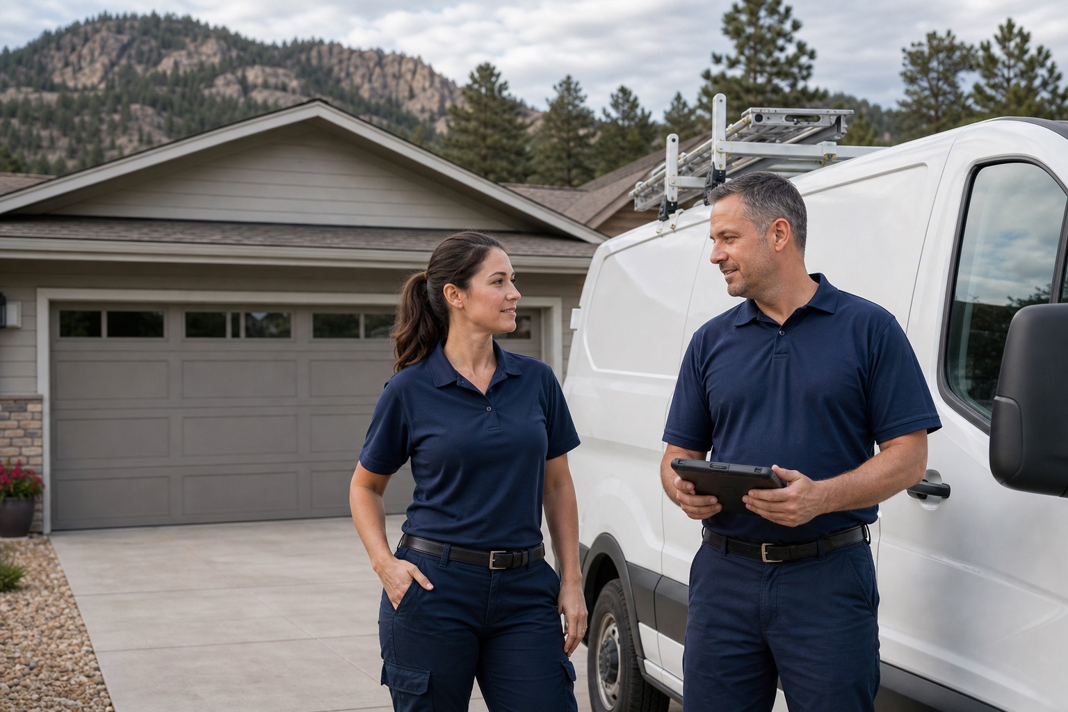 Local garage door crew arriving for a residential service call
