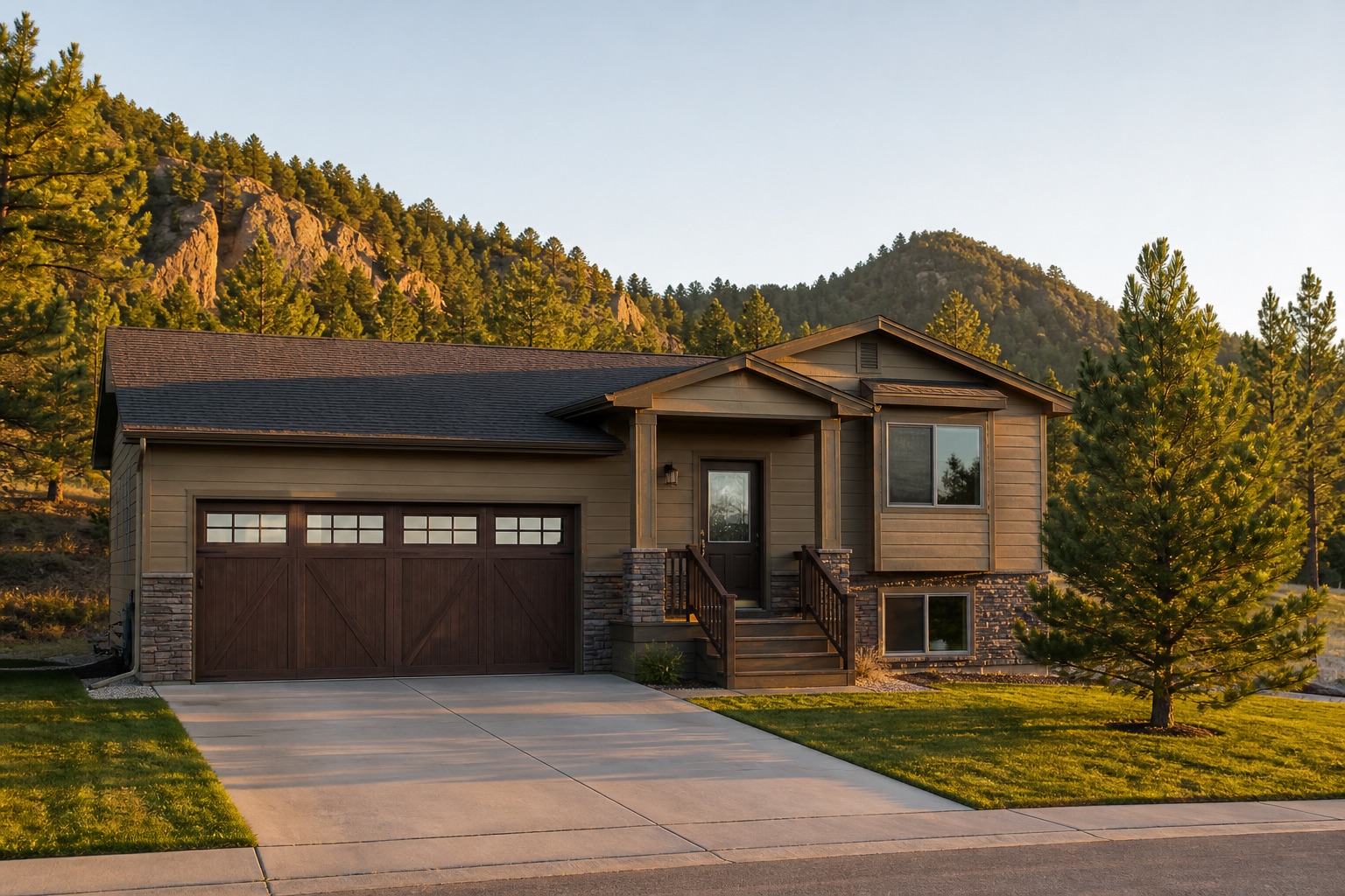 Residential garage doors on a Rapid City area home at sunset
