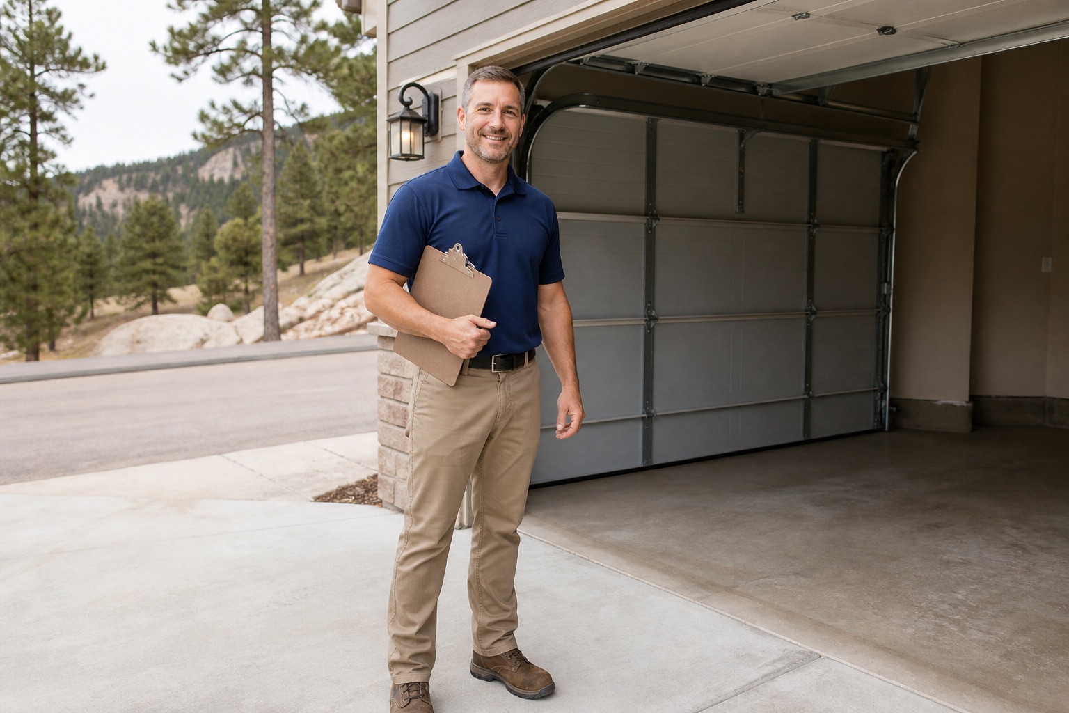 Technician servicing a residential garage door
